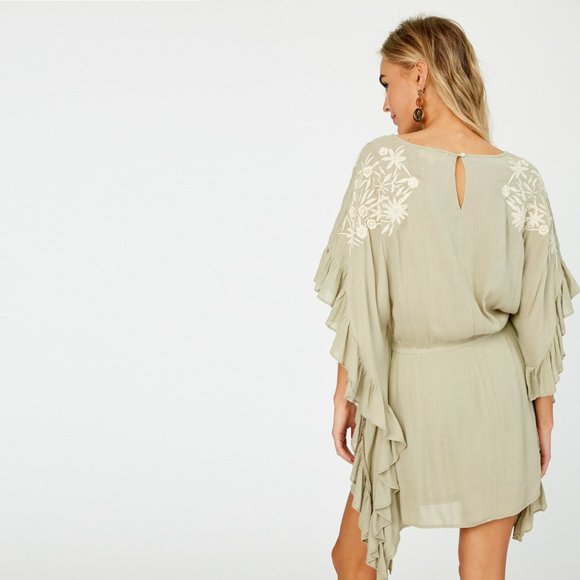 Floral Embroidered Cascading Ruffle Caftan Dress • NWT • Round Neck • Lined - Picture 6 of 7